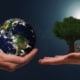 The picture shows two hands. On one hand there is a ball of earth, on the other hand there is a tree with a deer. The image serves as the cover image for unsolicited applications in the field of sustainability
